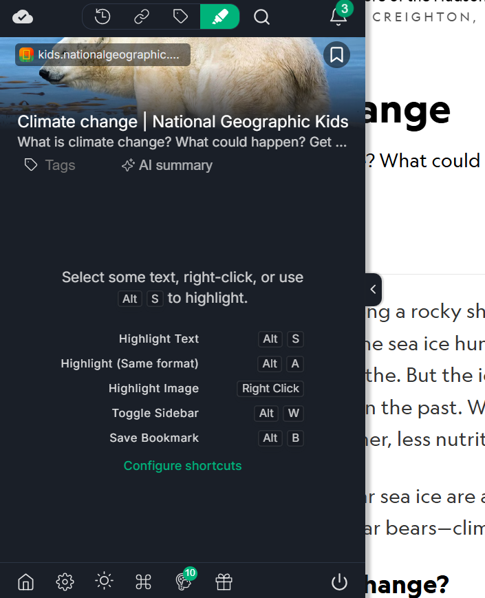 AI summary feature button in Web Highlights' side bar