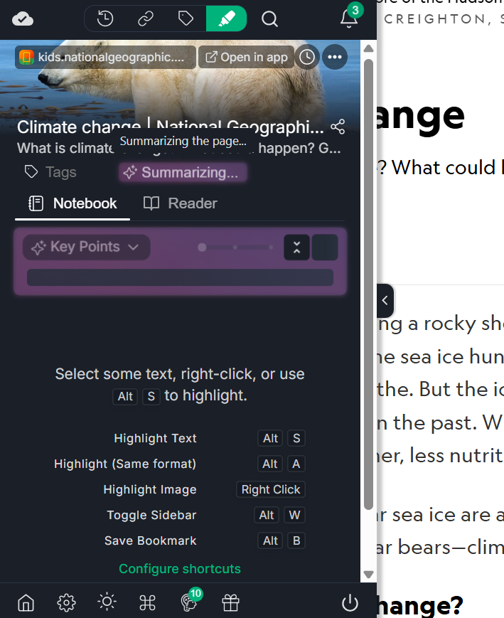 Activating the AI summary feature on the sidebar of the website