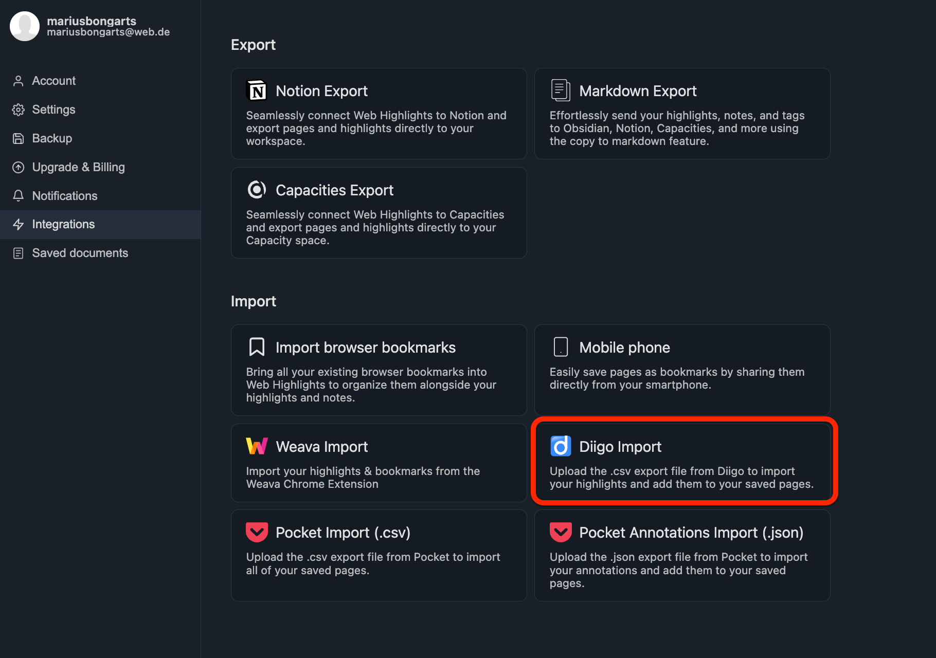 Diigo import integration
