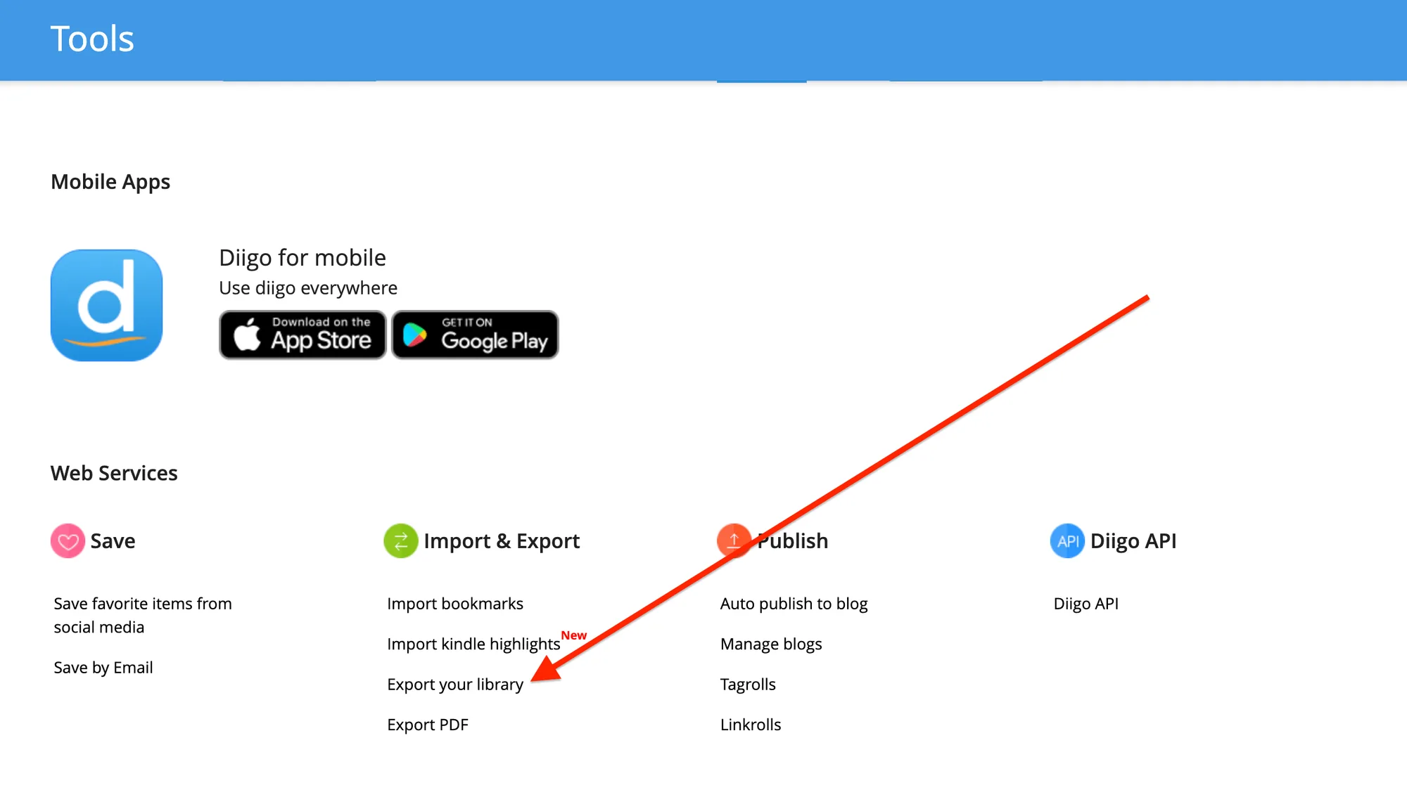 Diigo Tools menu with an arrow pointing to Export your library