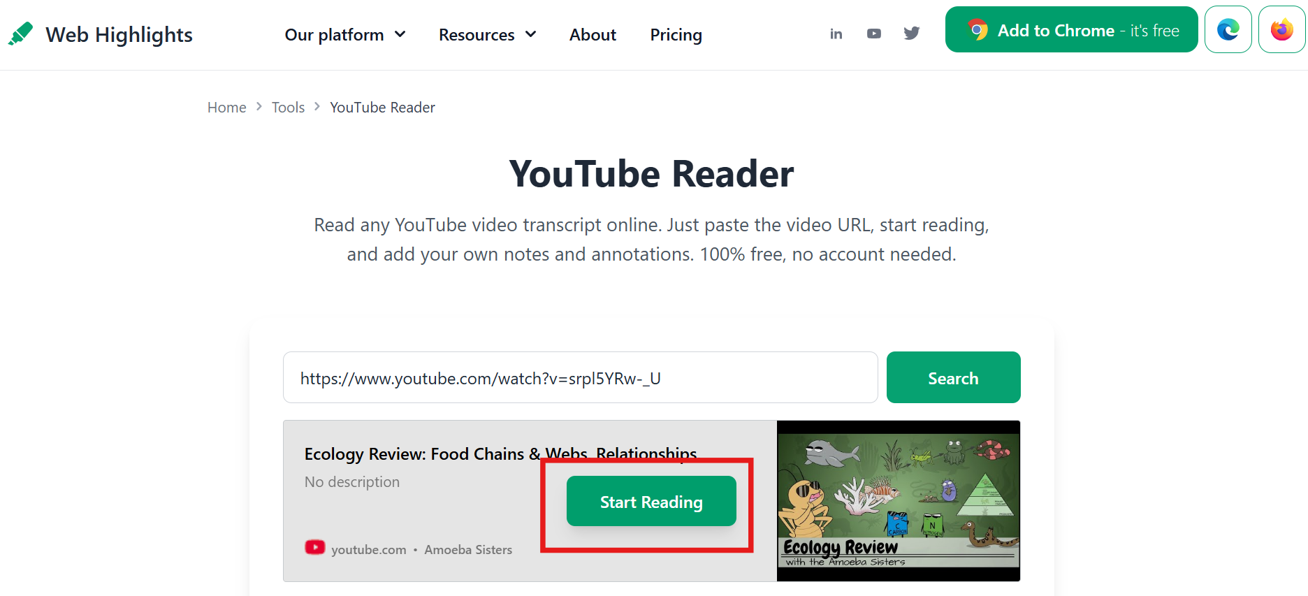 Read YouTube transcripts in Web Highlights by copy pasting video link