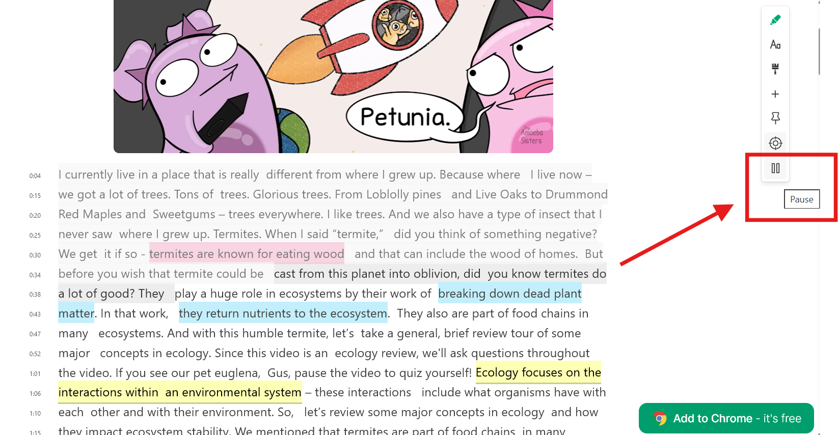 Video playback and auto-scroll as video plays feature in Web Highlights