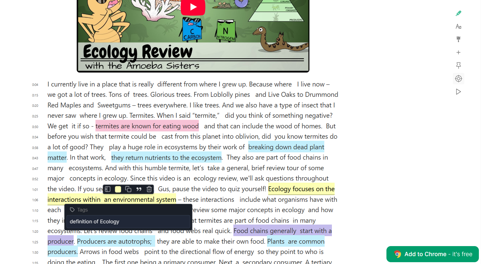 Add highlights and notes to YouTube transcript videos in Web Highlights