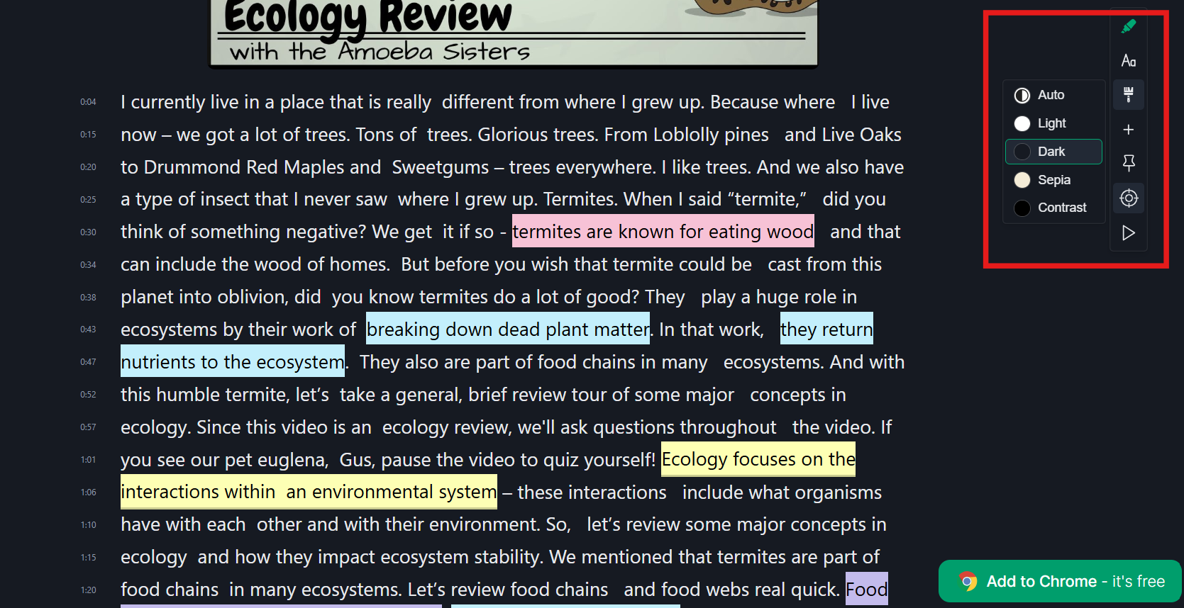 Customize the look of your YouTube transcript by adjusting background color, font sizes and page layout.