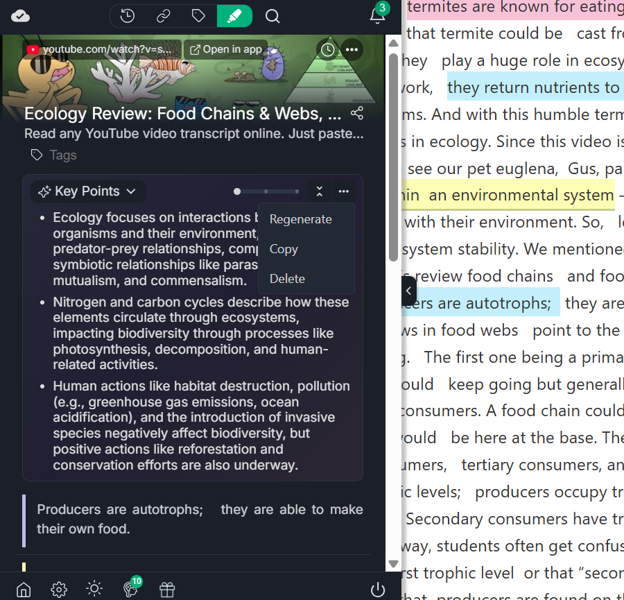 Web Highlights' YouTube AI summaries generated from one click "AI summary" button.