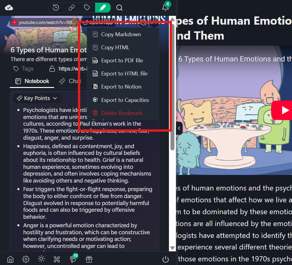 Different summary export options in Web Highlights