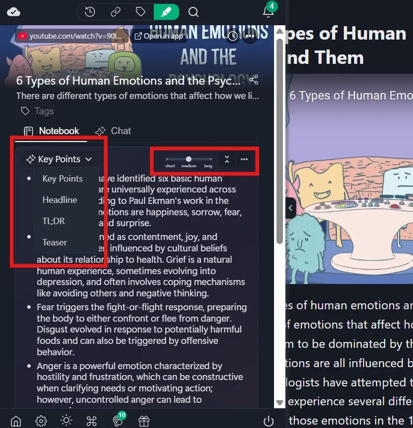 YouTube video AI summary lengths and types offered by Web Highlights