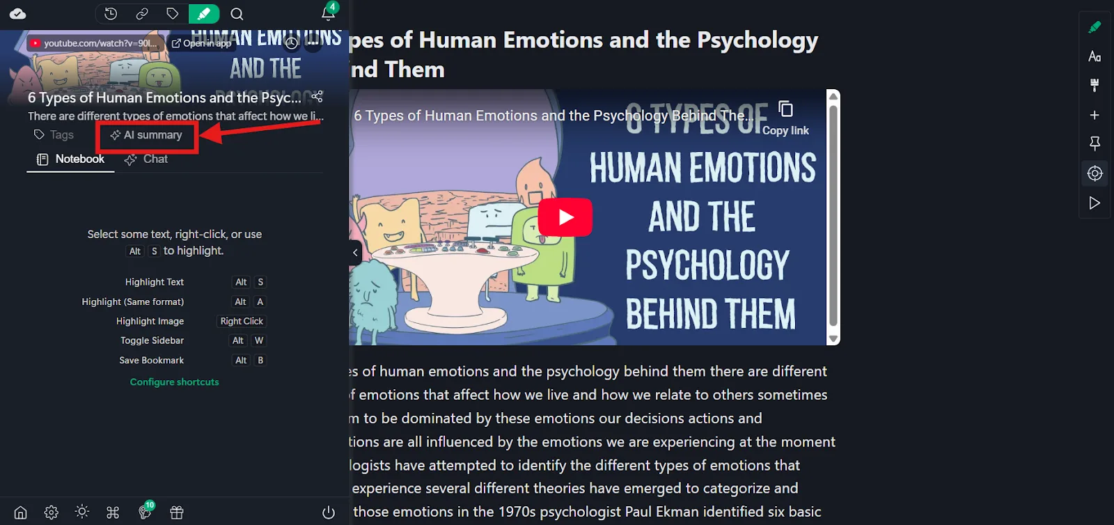 YouTube video page with an arrow pointing to the Web Highlights AI summary button
