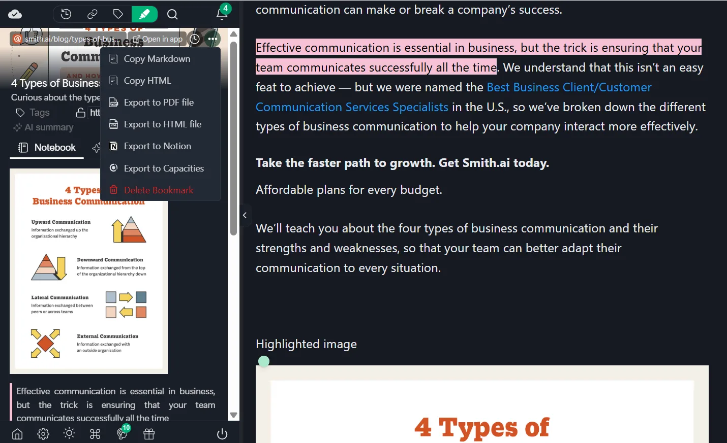 Export options in Web Highlights