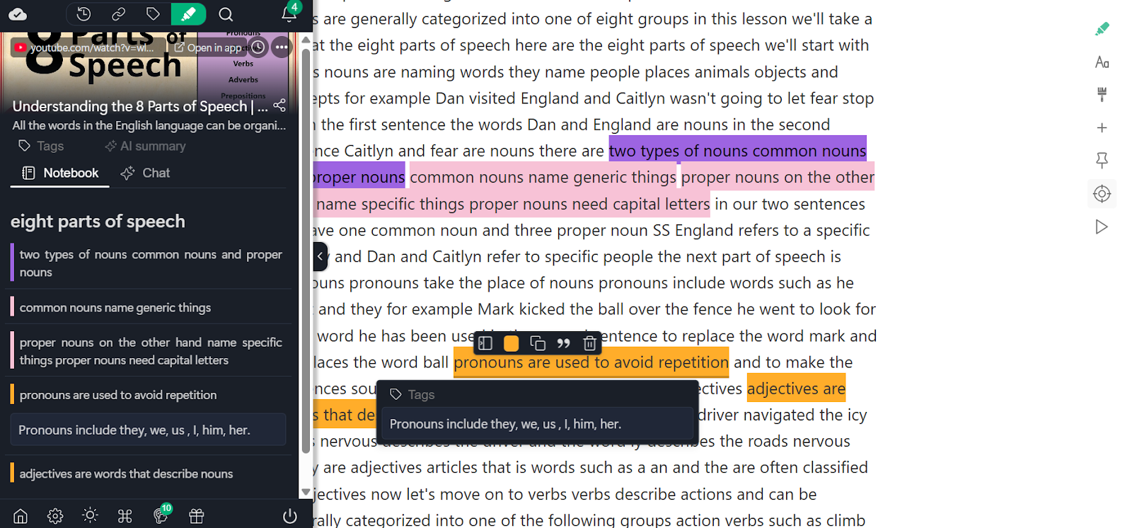 Note-taking with highlights on YouTube in Web Highlights