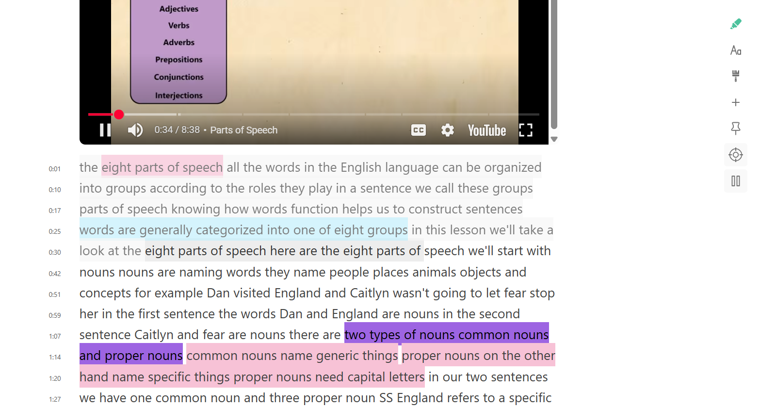 YouTube transcript note-taking in Web Highlights