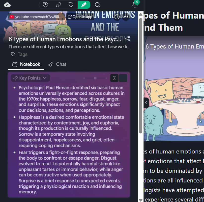 AI summaries for web and YouTube videos in Web Highlights
