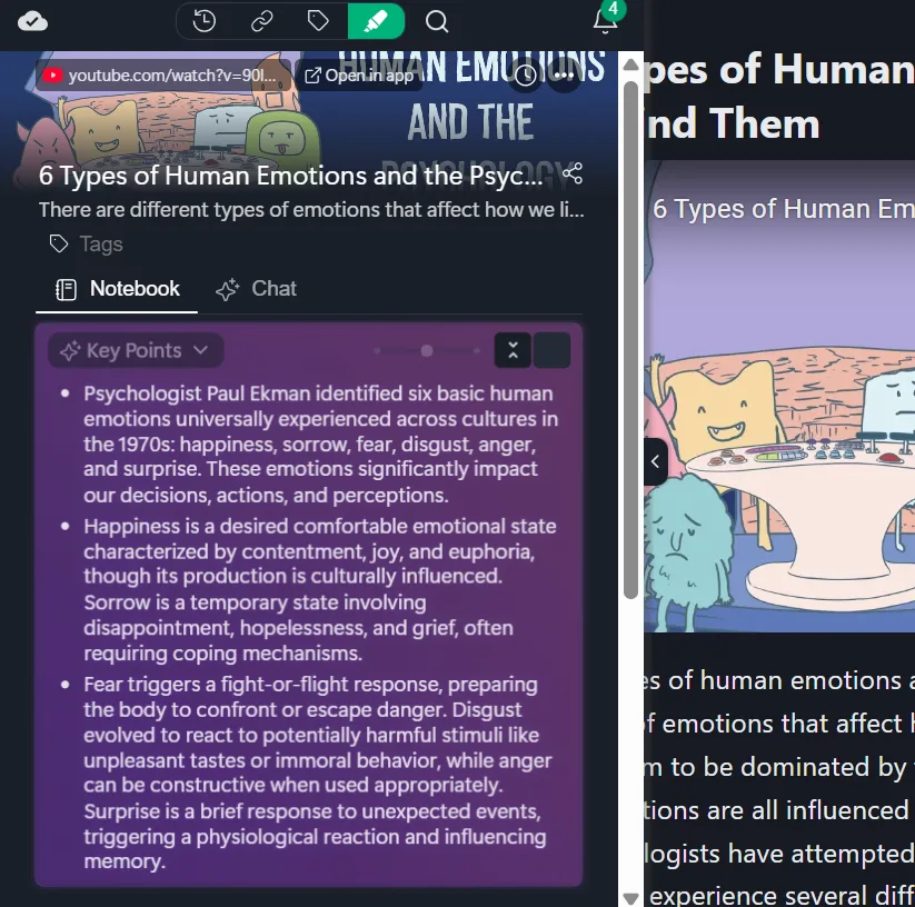 AI summaries for web and YouTube videos in Web Highlights