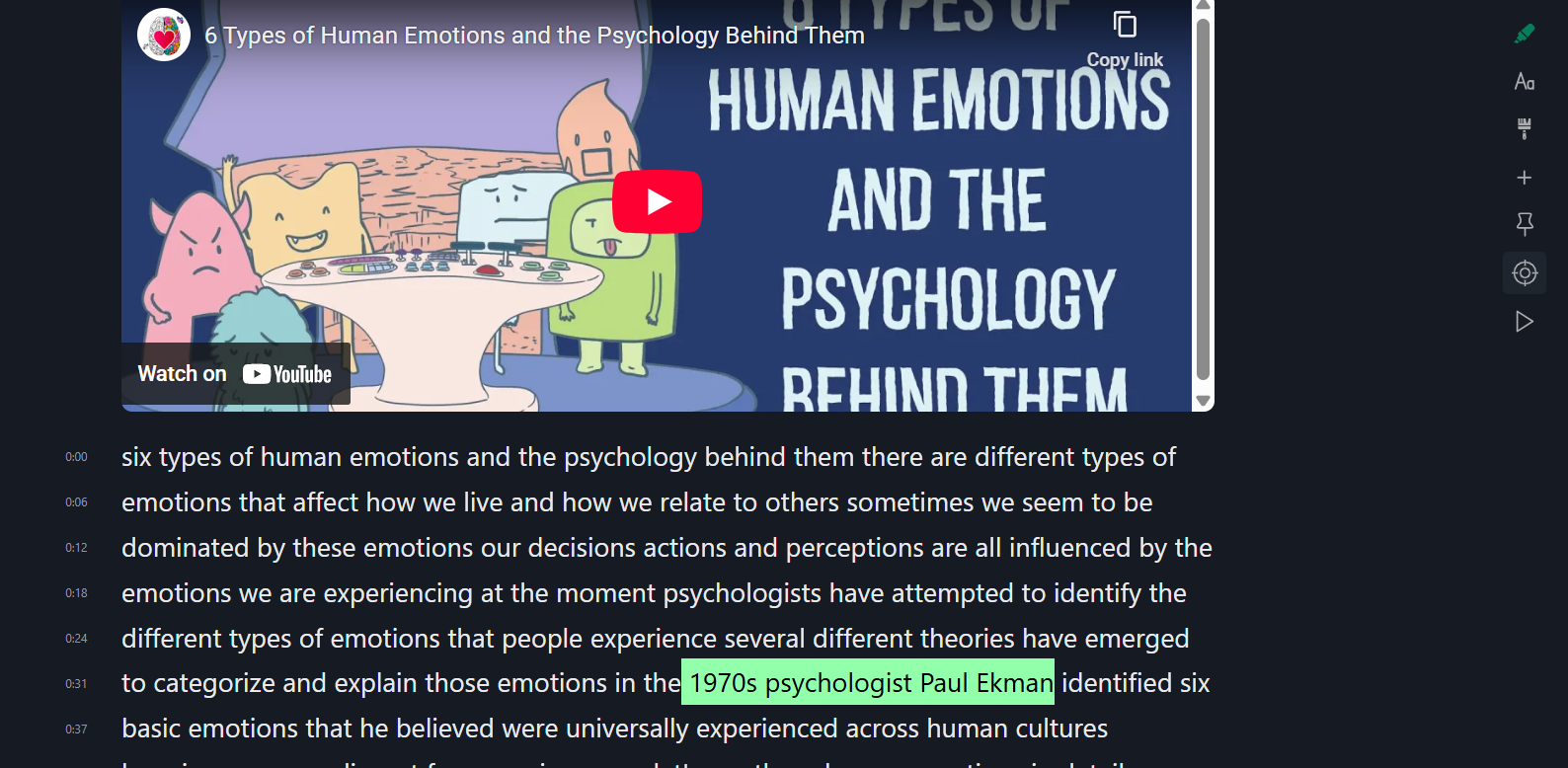 YouTube annotation and transcript reader in Web Highlights