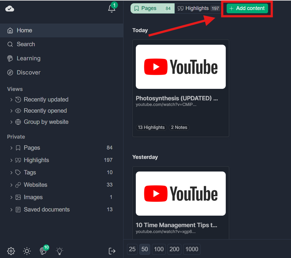 Clicking on the 'Add Content' icon in the Web Highlights app to add URLs or video transcripts for annotation