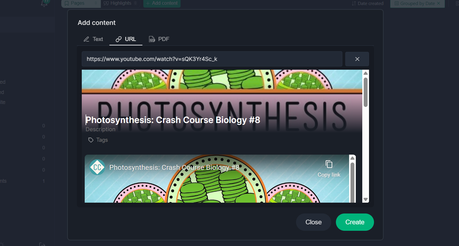 Add content option in Web Highlights to directly copy YouTube transcript content