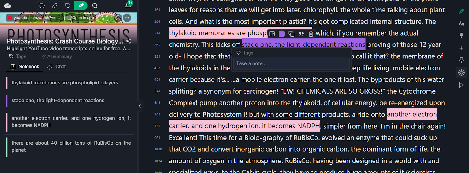 Highlight YouTube video inside Web Highlights transcript reader