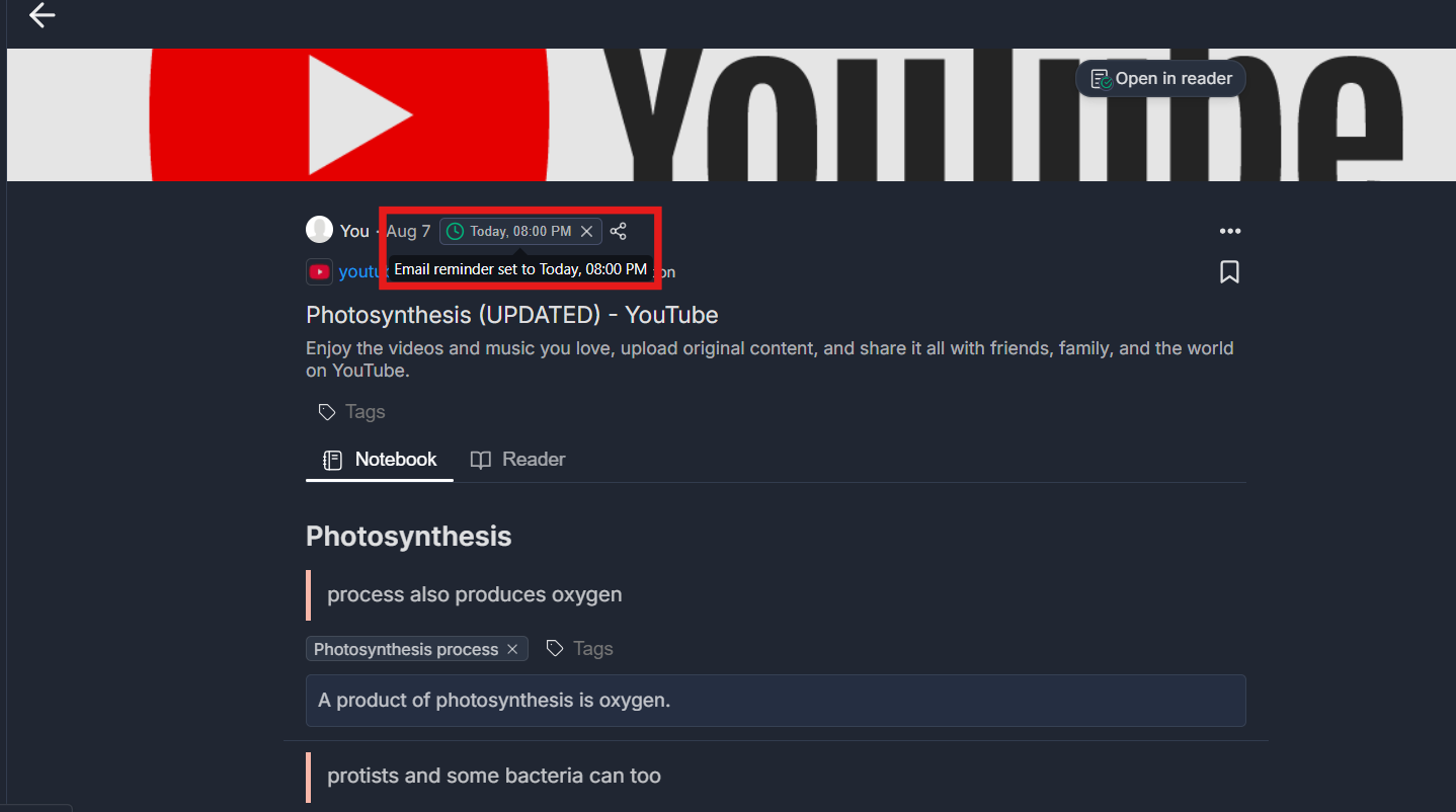 Setting email reminders for YouTube video annotations in Web Highlights to revisit important content