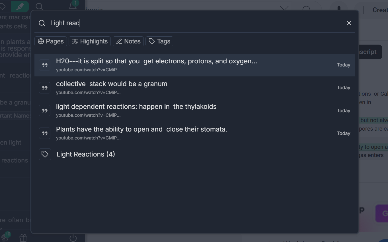 Easy tags search feature in the Web Highlights app, to quickly find specific annotations in YouTube videos