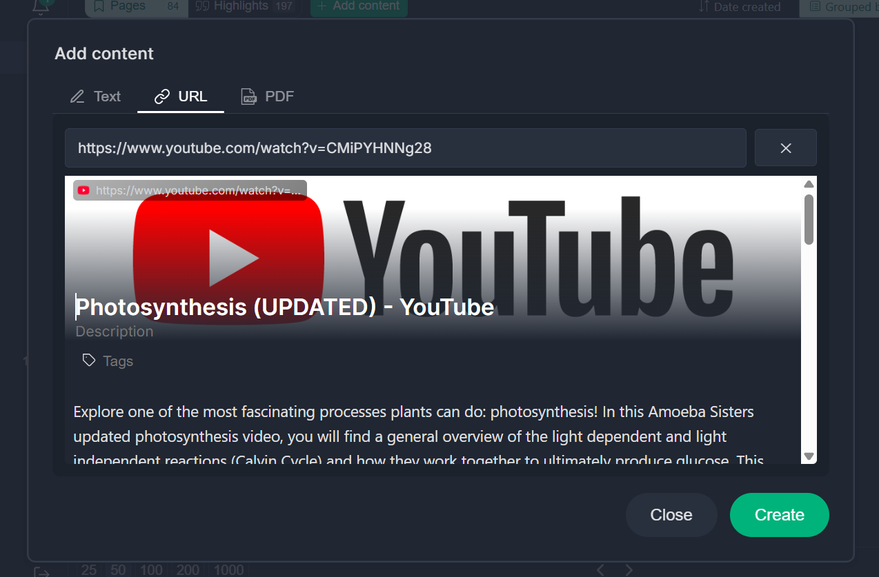 Pasting a YouTube video URL to open it in reader mode within Web Highlights for focused annotation