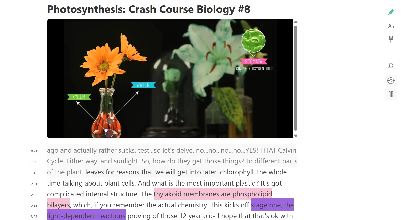YouTube video opened in reader mode with highlights using Web Highlights, focusing on key moments for annotation.