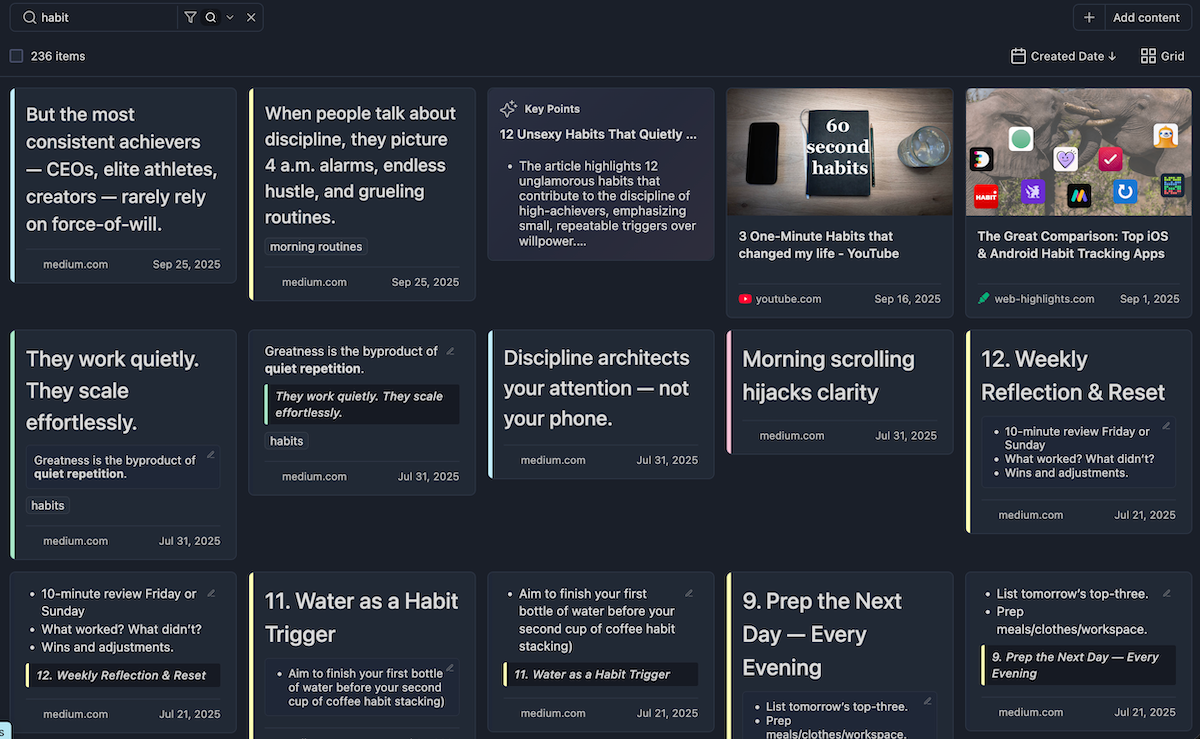 Dashboard with active search key "Habit"