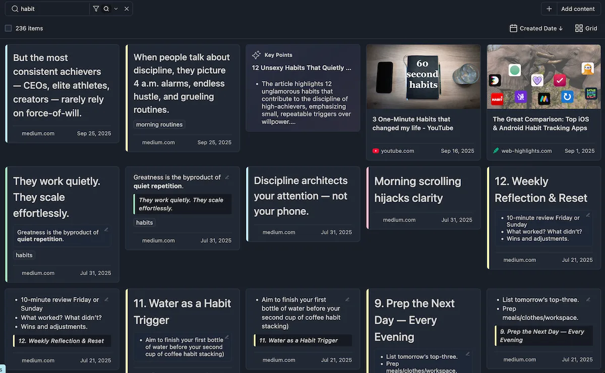 Web Highlights dashboard filtered by the search term habit