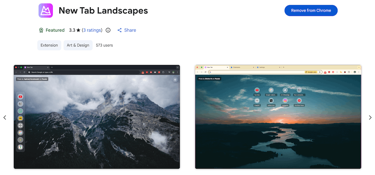 New Tab Landscapes (Rating: 3.3, Users: 573)