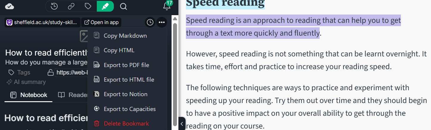 Export options in Web Highlights