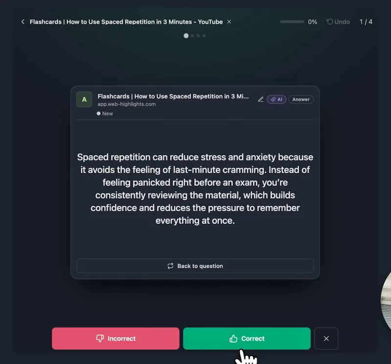 A flashcard review session showing the revealed answer with Correct and Incorrect buttons