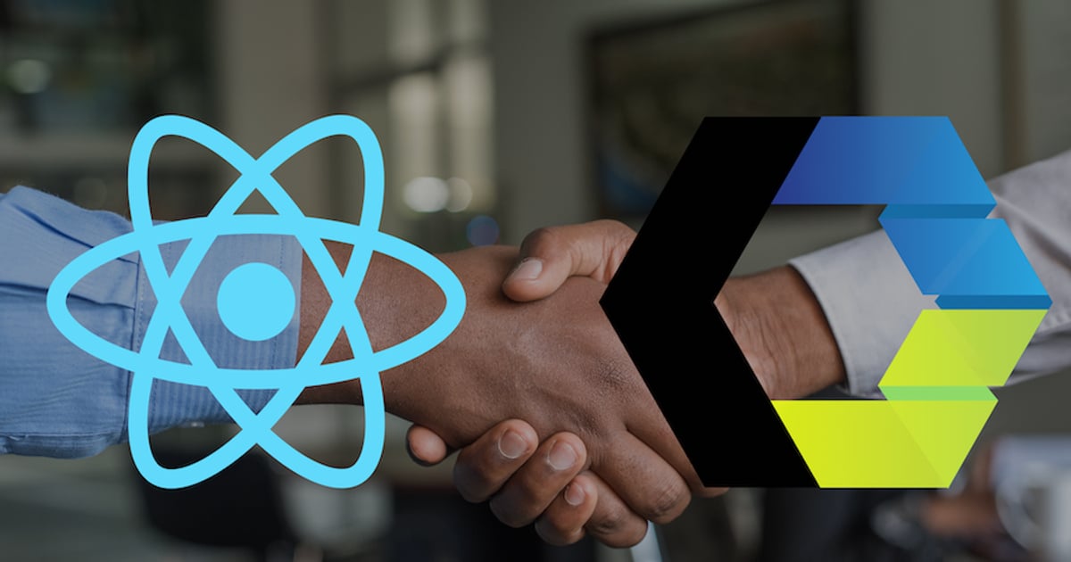 Shaking Hands with black transparent overlay showing React and Web Components Logo
