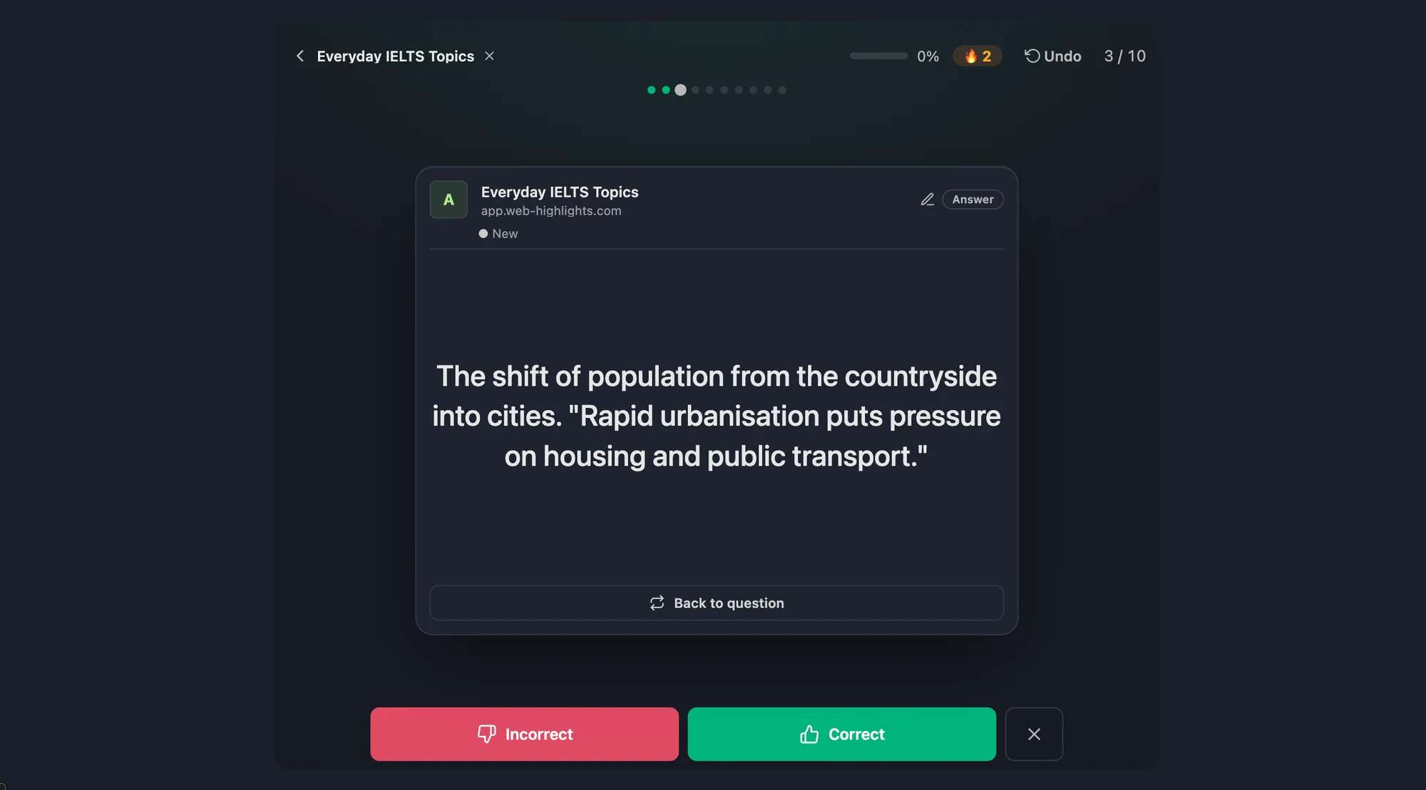 Study flashcard showing the answer to the question What does urbanisation mean
