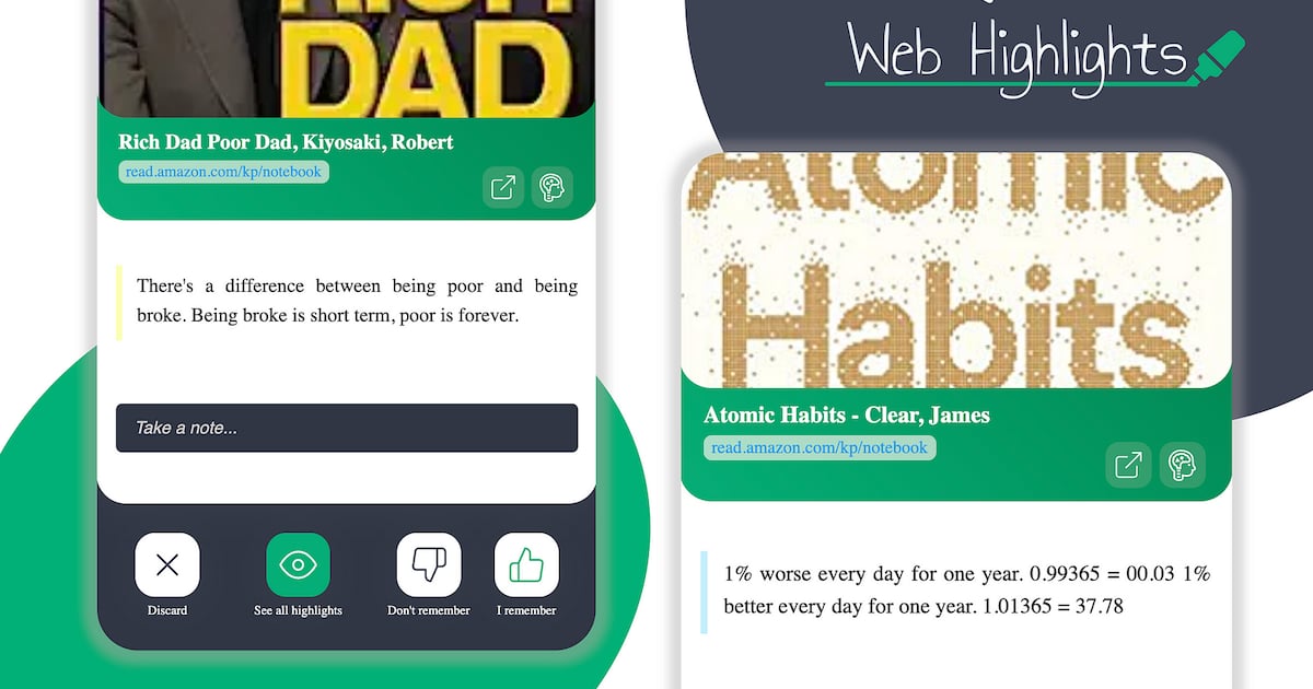 Kindle Highlights Flashcard Learning with Web Highlights