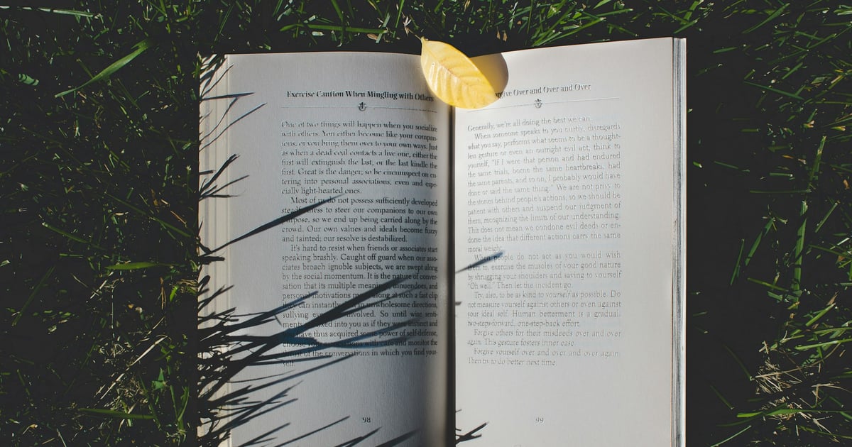 An open book lying on green grass, partially in shadow, with a small yellow leaf placed at the top center of the right page.