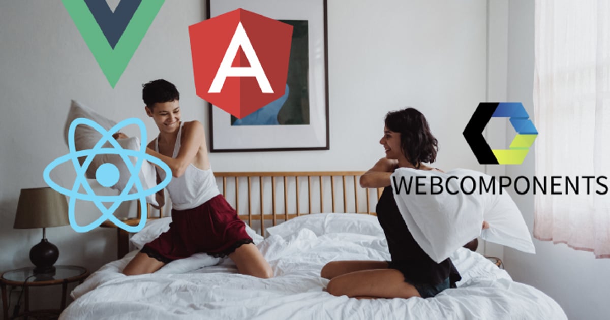 Pillow fights with Vue.js, React, and Web Components Logo on foreground