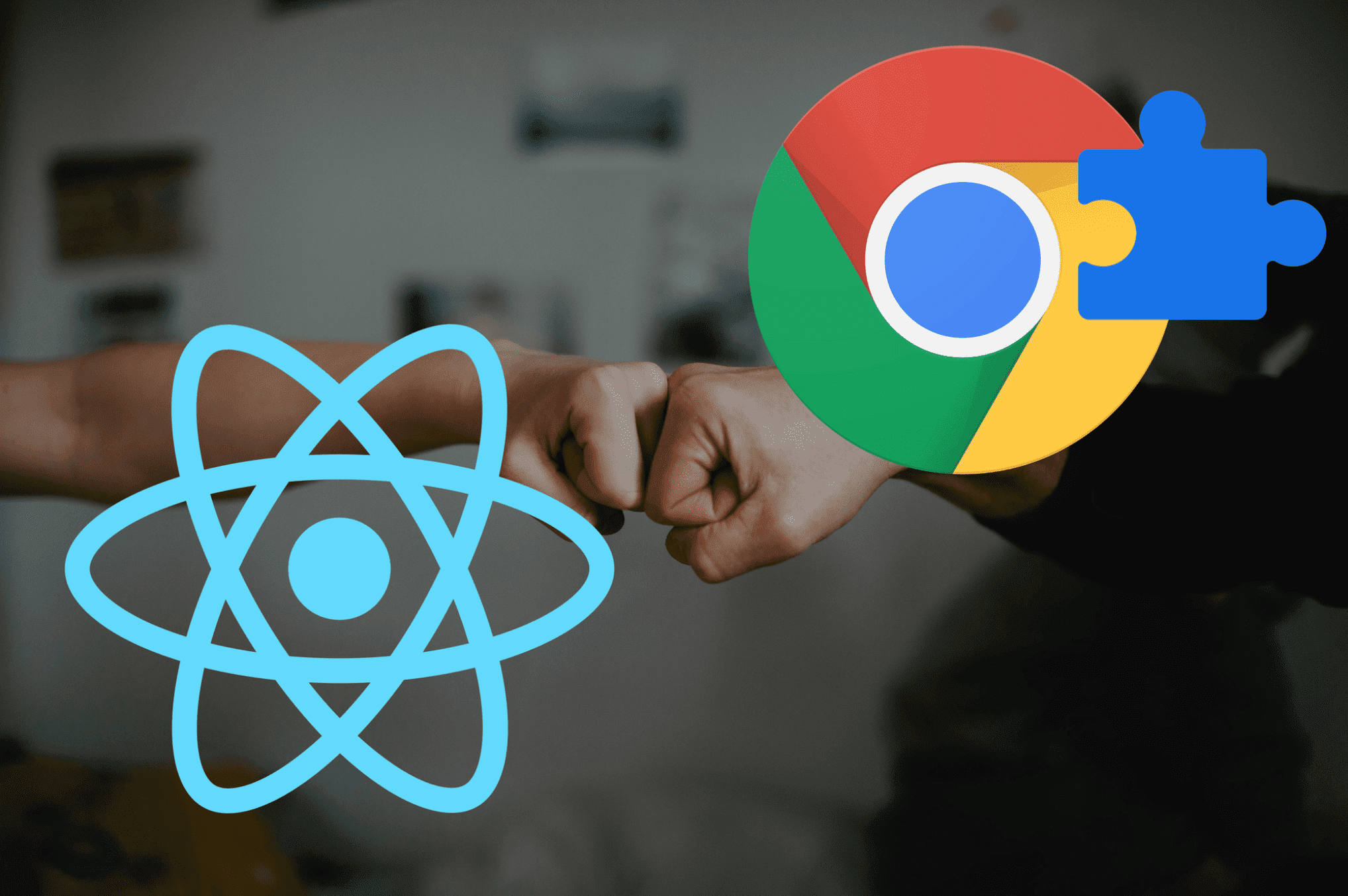 Handshake with fists - Left shows React logo, right side shows Chrome extension Logo