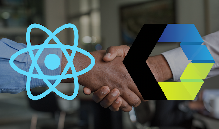 Shaking Hands with black transparent overlay showing React and Web Components Logo