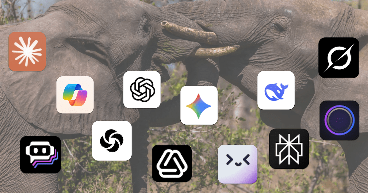 Logos of various AI tools arranged over a background image of two elephants touching trunks.