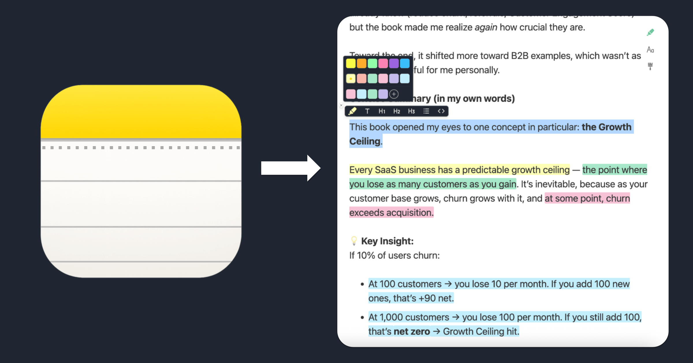 Apple Notes logo transforming into a highlighted notes document with multiple colors.
