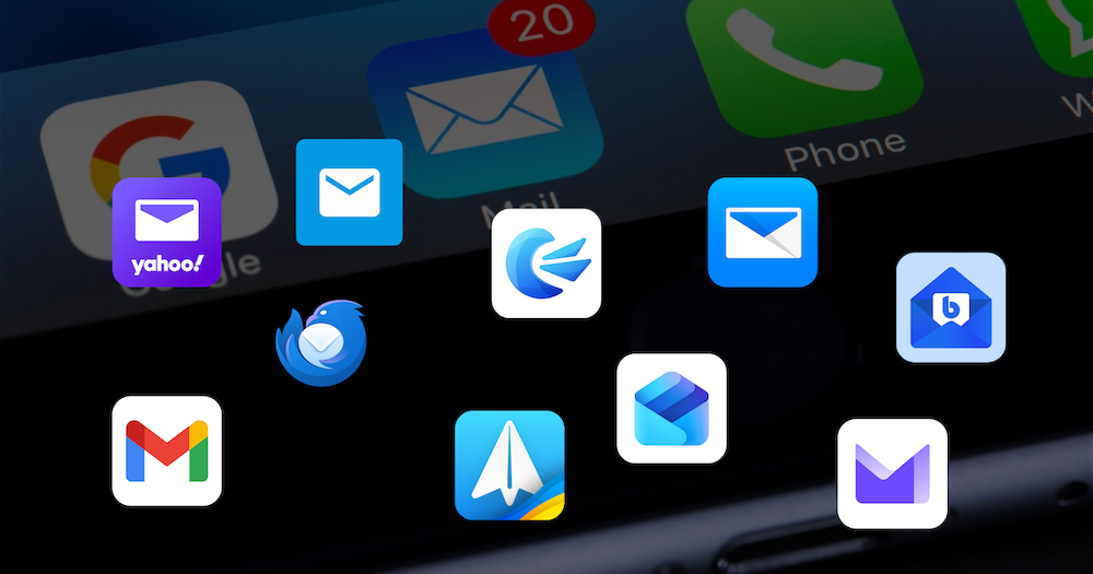All email app logos shown in front of background image showing a mobile phone screen
