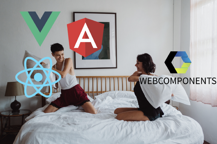 Pillow fights with Vue.js, React, and Web Components Logo on foreground