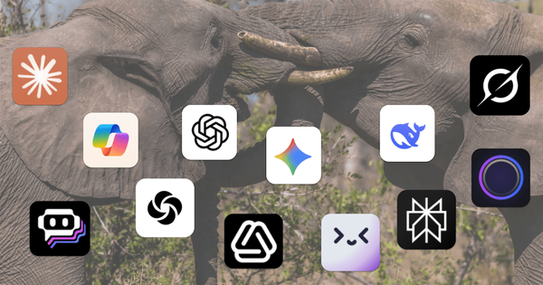 Logos of various AI tools arranged over a background image of two elephants touching trunks.