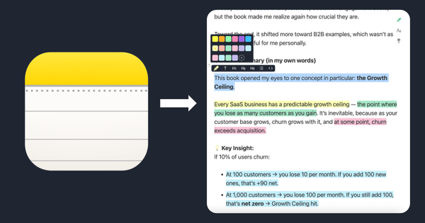 Apple Notes logo transforming into a highlighted notes document with multiple colors.