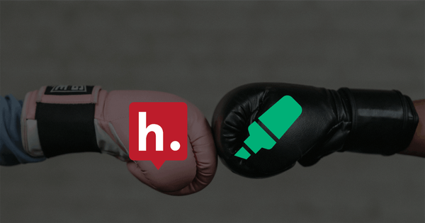 Two boxing gloves collide: a pink glove with the Hypothesis logo vs a black glove with Web Highlights, showing competition.