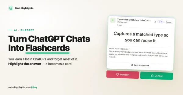 Turn ChatGPT Chats Into Flashcards - Showing the flashcard learning session of Web Highlights