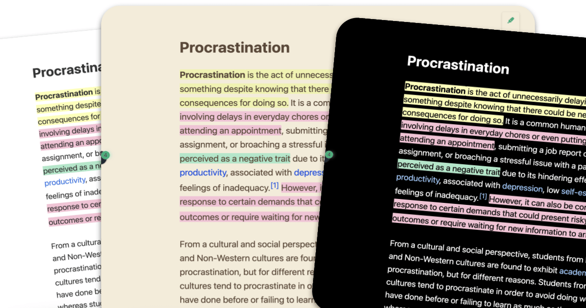 Reader Mode showing in three different color modes