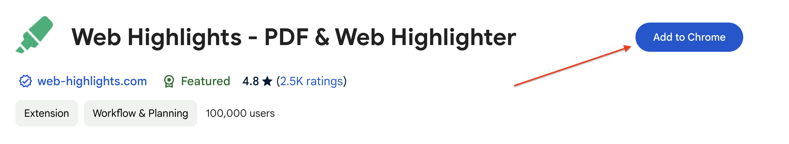 Chrome Web Store Entry of Web Highlights - 'Add to Chrome'