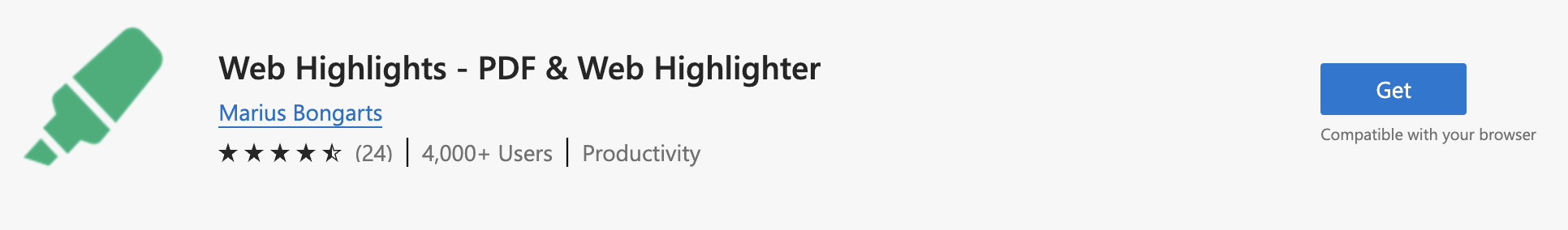 Microsoft Web Store Entry of Web Highlights - 'Get'