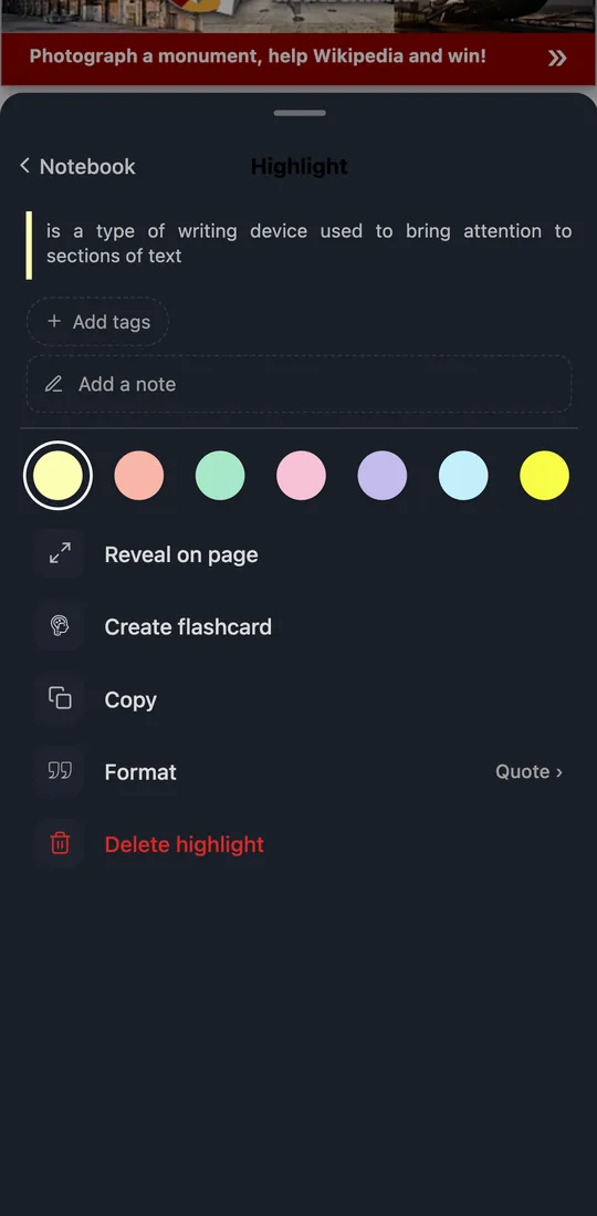The actions of a highlight in Edge for Android