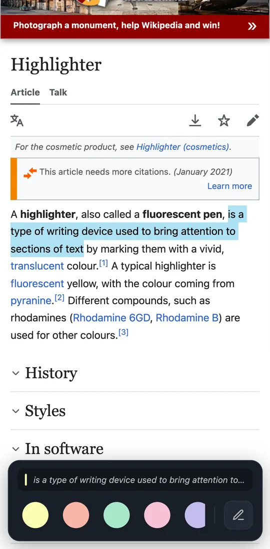 The highlight bar at the bottom of the screen in Edge for Android